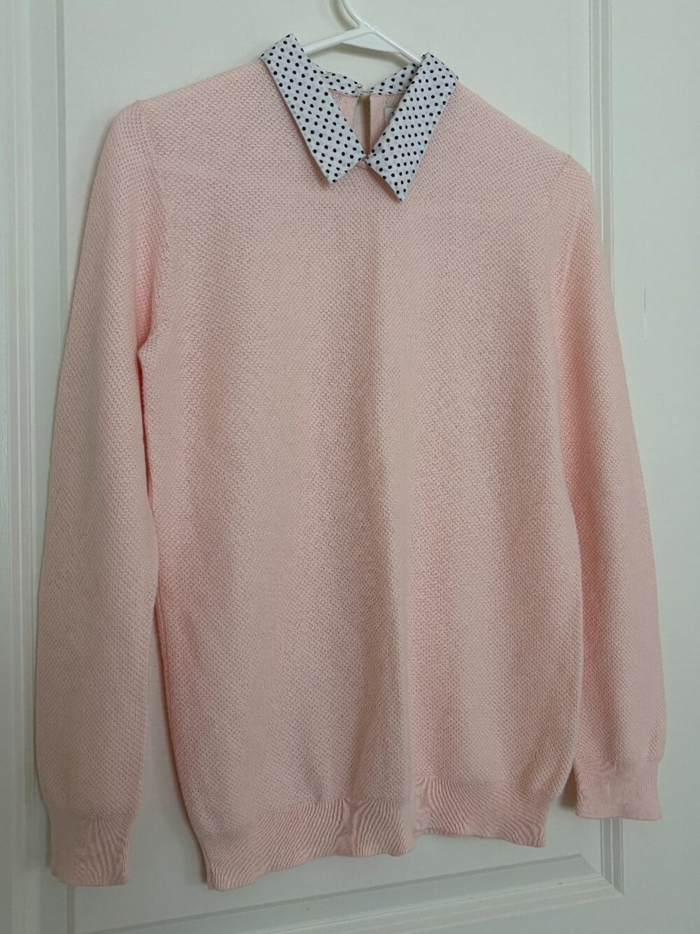 J. Crew Pink Textured Knit Sweater with Polka Dot Collared Inset